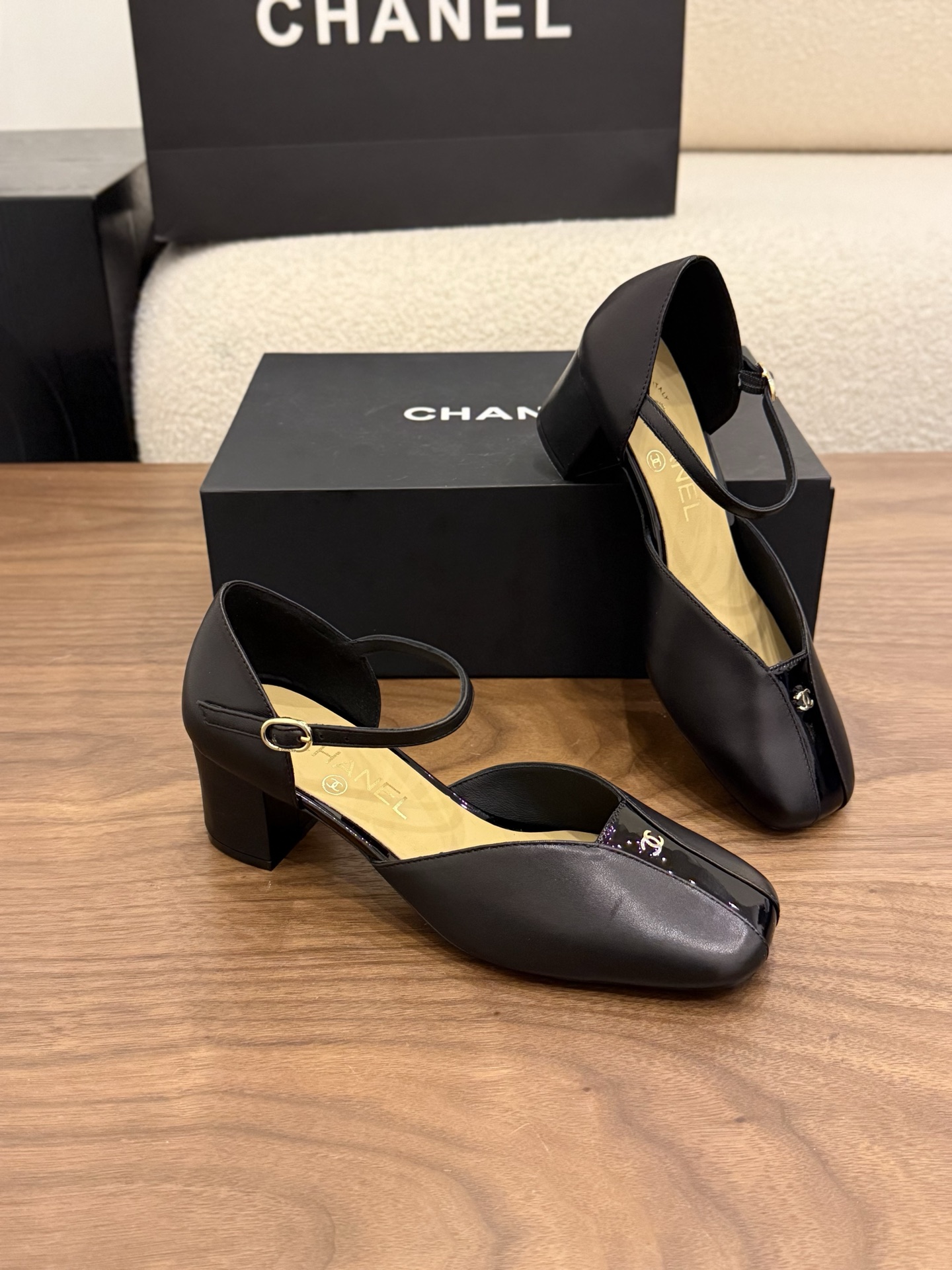 Chanel-CC-Black-Leather-Pumps-Shoes-with-Ankle-Strap-35To41