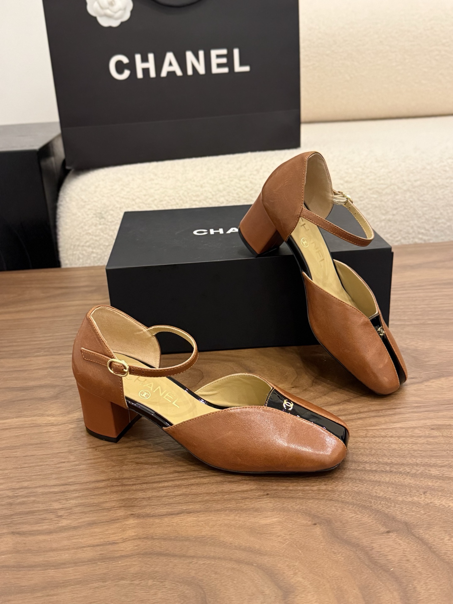 Chanel-CC-Brown-Black-Leather-Pumps-Shoes-with-Ankle-Strap-35To41