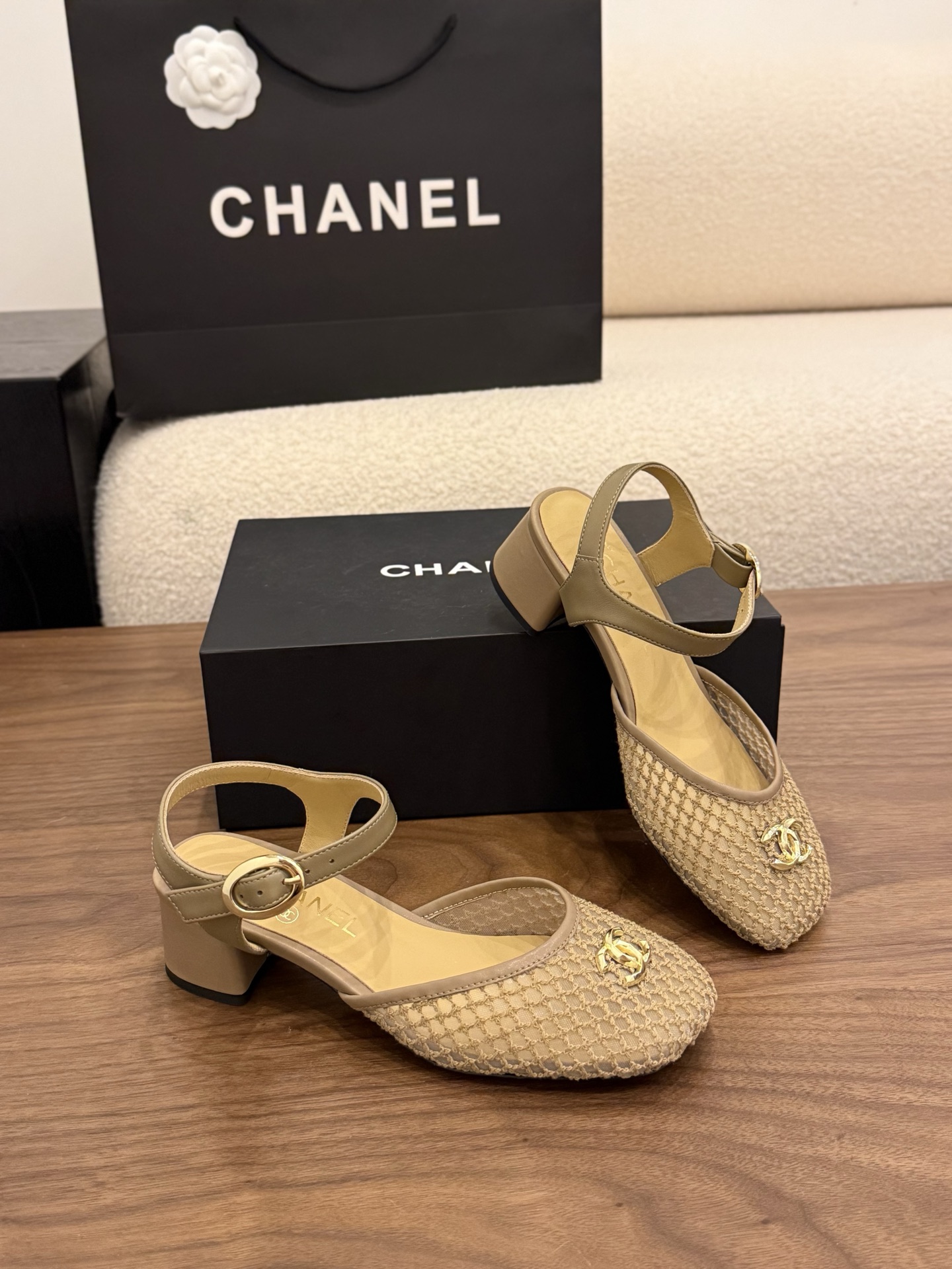 Chanel-CC-Logo-Beige-Fishnet-and-Leather-Sandals-Shoes-35To41