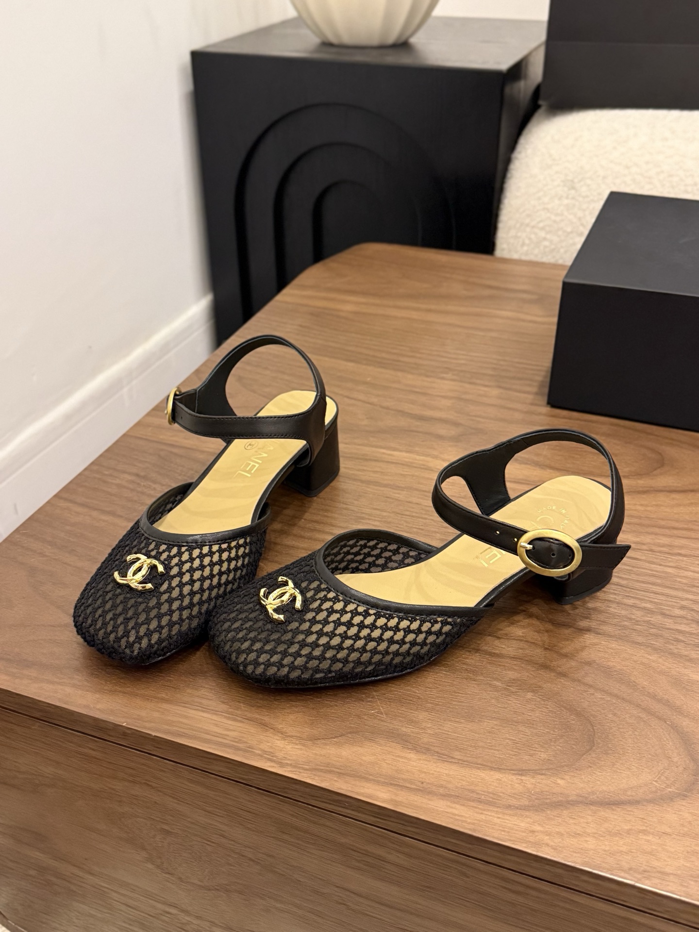 Chanel-CC-Logo-Black-Fishnet-and-Leather-Sandals-Shoes-35To41