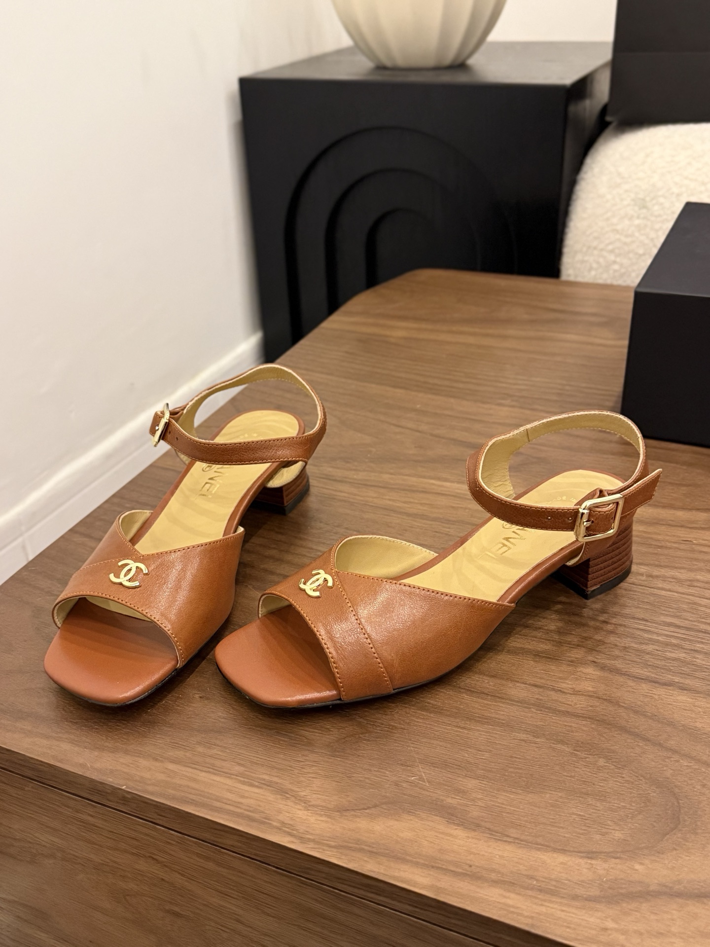 Chanel-CC-Logo-Brown-Leather-Sandals-Shoes-35To41