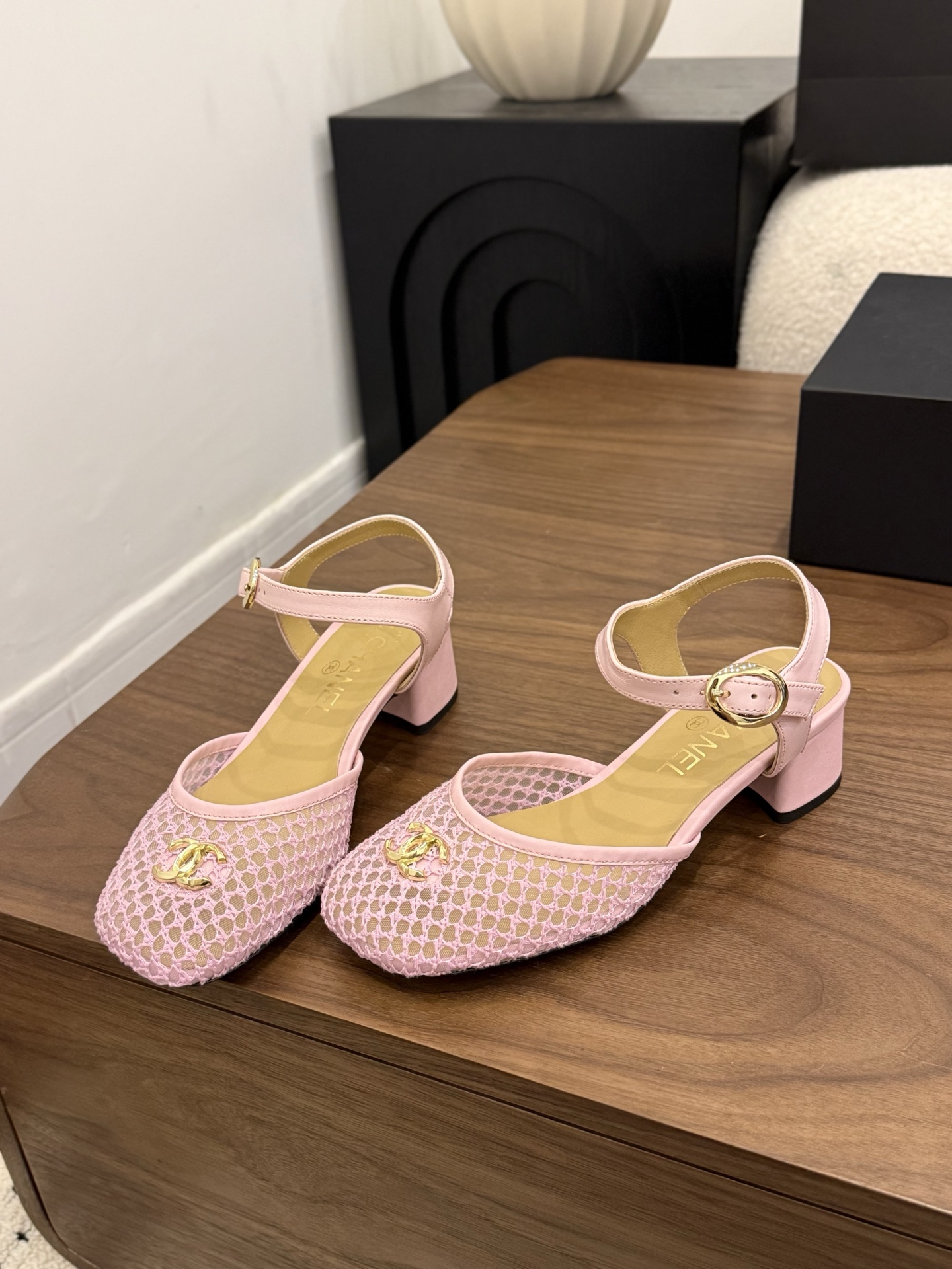 Chanel-CC-Logo-Pink-Fishnet-and-Leather-Sandals-Shoes-35To41