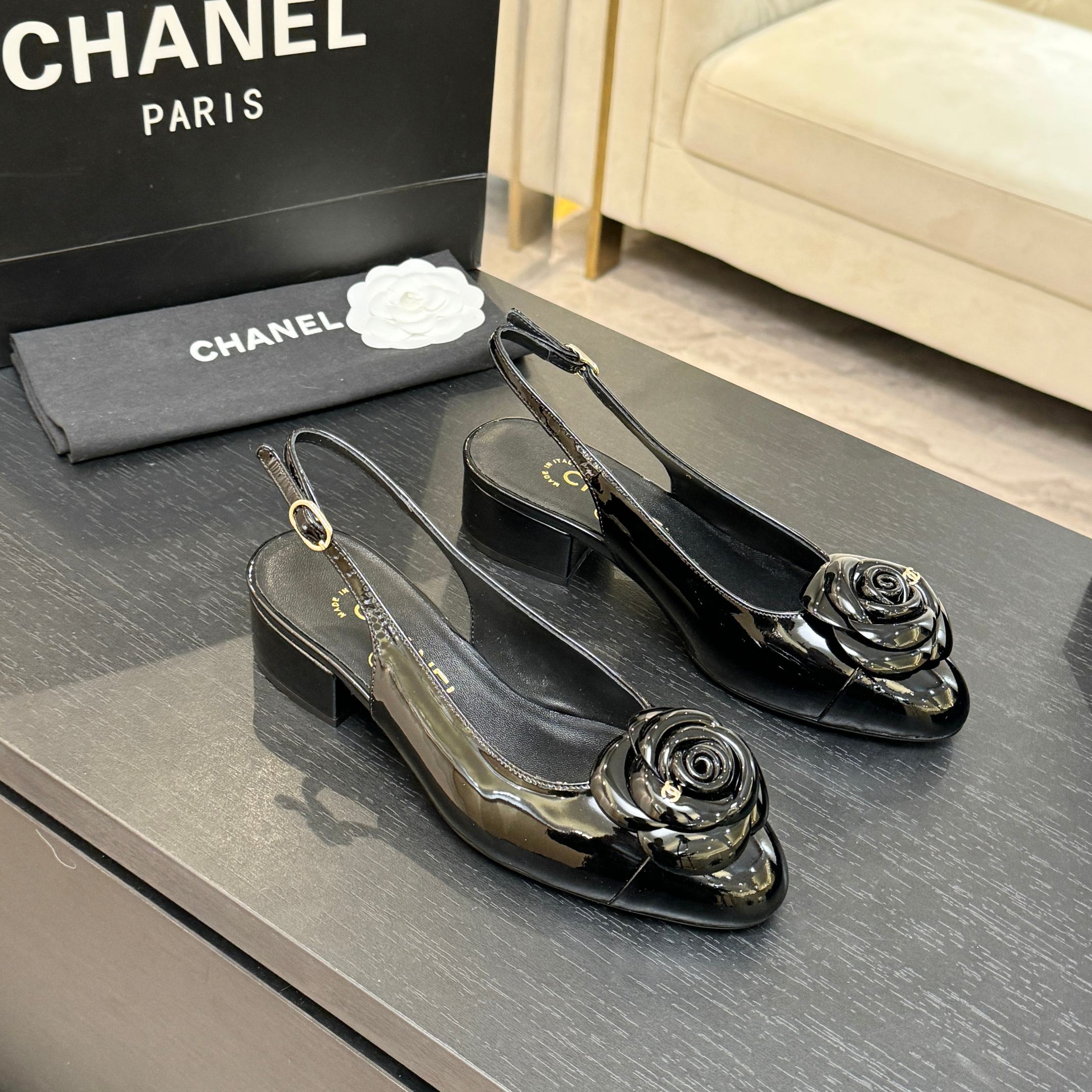 Chanel-Camellia-Flower-Black-Leather-Slingback-Ballet-Flats-Shoes-35To41